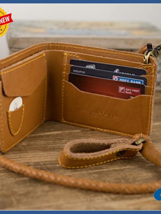 Long Black Bifold Biker Chain Wallet – Extreme Biker Leather Genuine Leather Bifold Biker Wallet with Detachable Braided Chain